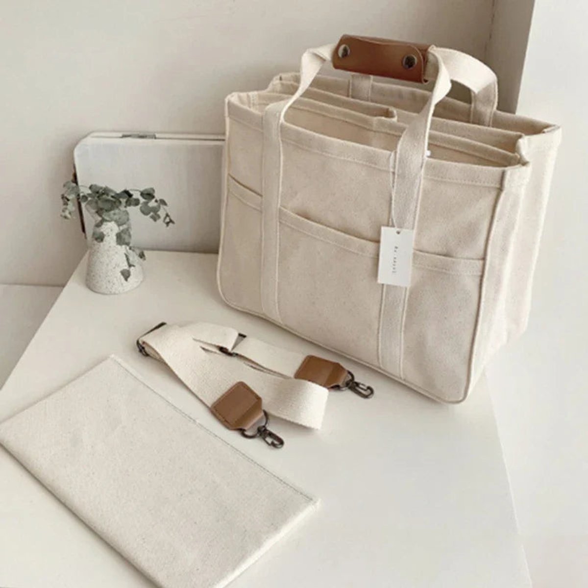 Women's Large Capacity Canvas Tote Bag with Multiple Pockets