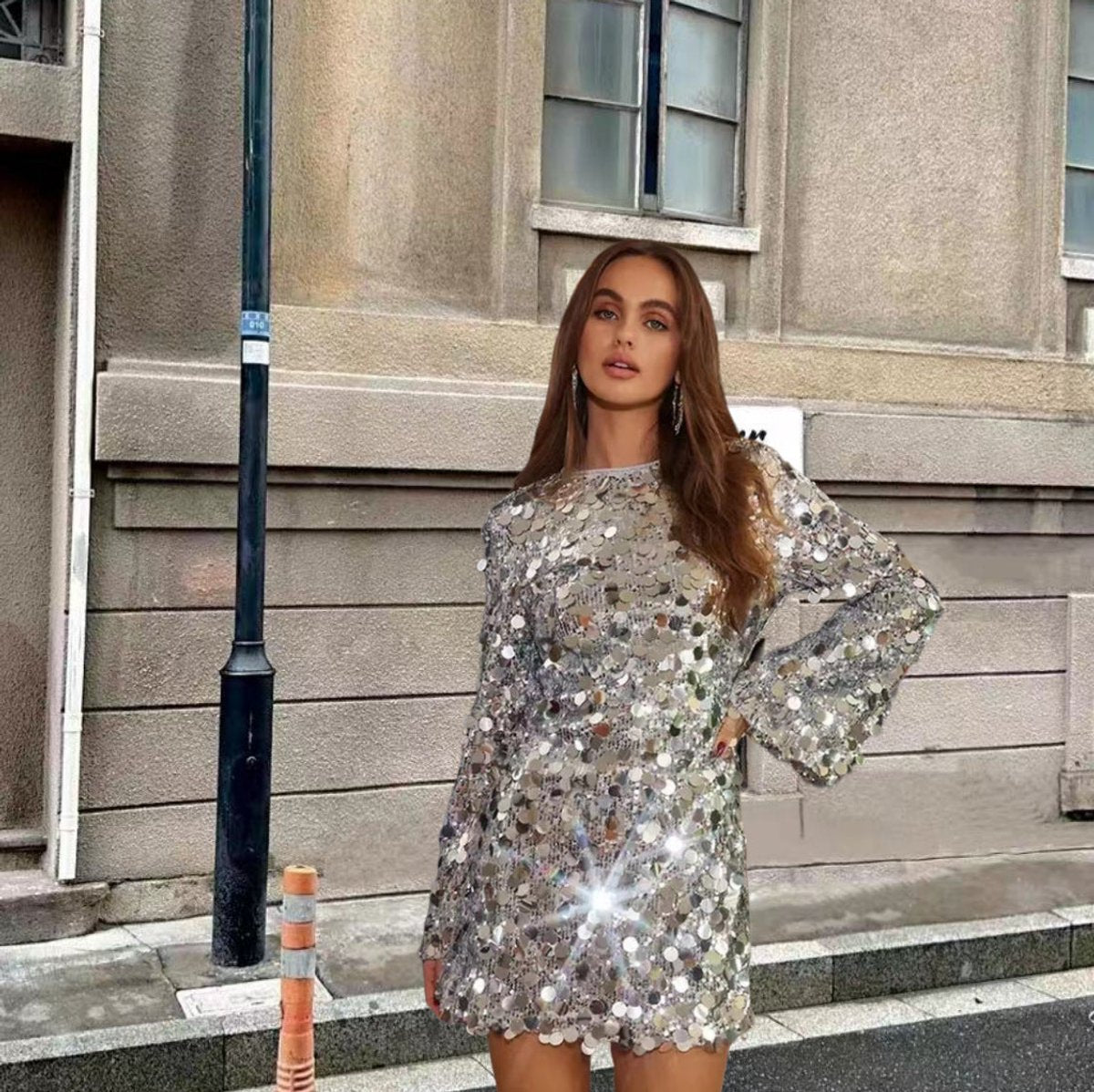 Mini-robe à sequins femme | Robe de soirée moulante à manches longues