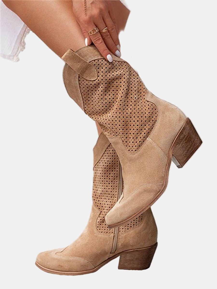 Bottes en daim montantes jusqu’au genou pour femmes | Bottes de cowboy à talon carré