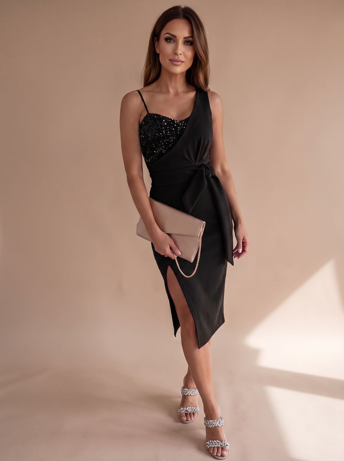 Women's Sequin Midi Dress with Tie Waist
