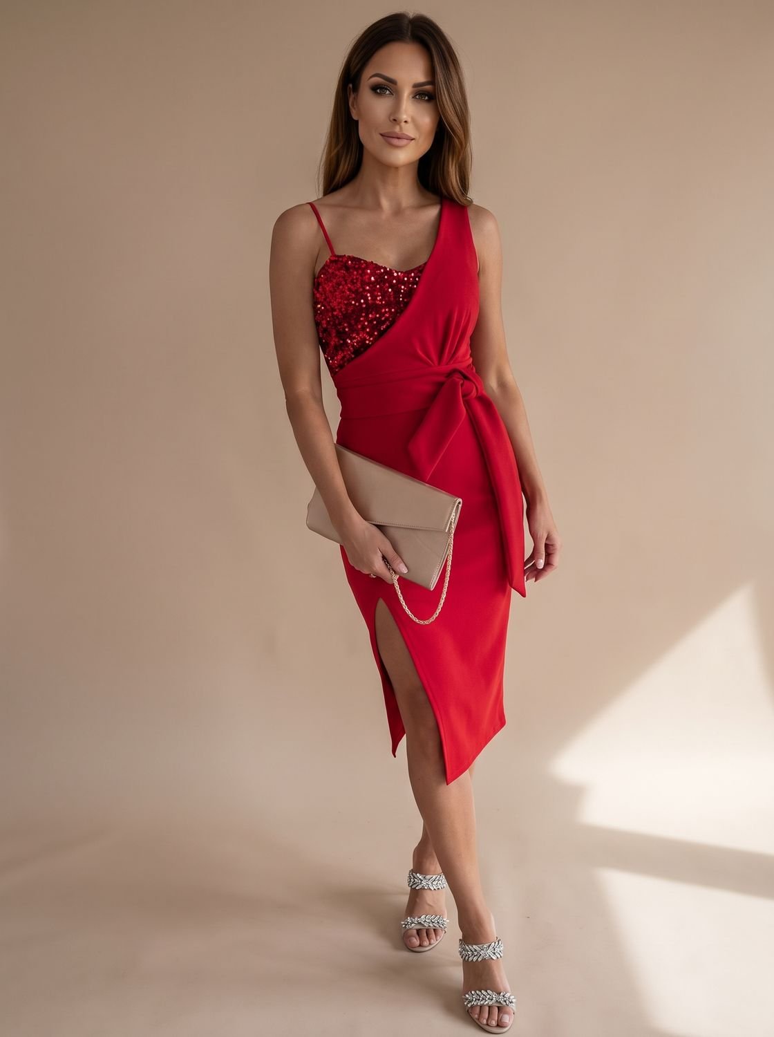 Women's Sequin Midi Dress with Tie Waist