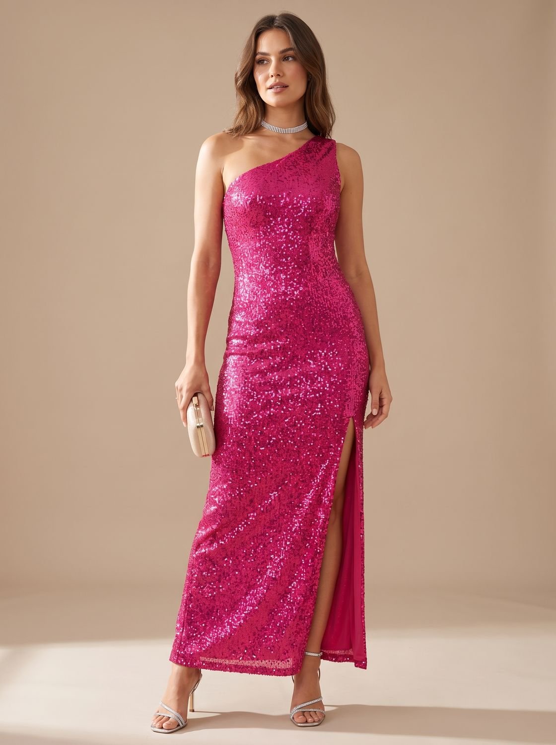 Robe longue à sequins asymétrique femme
