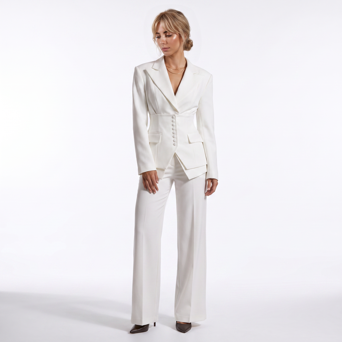 Women’s Corset Waist Blazer & Wide Leg Trouser Suit Set
