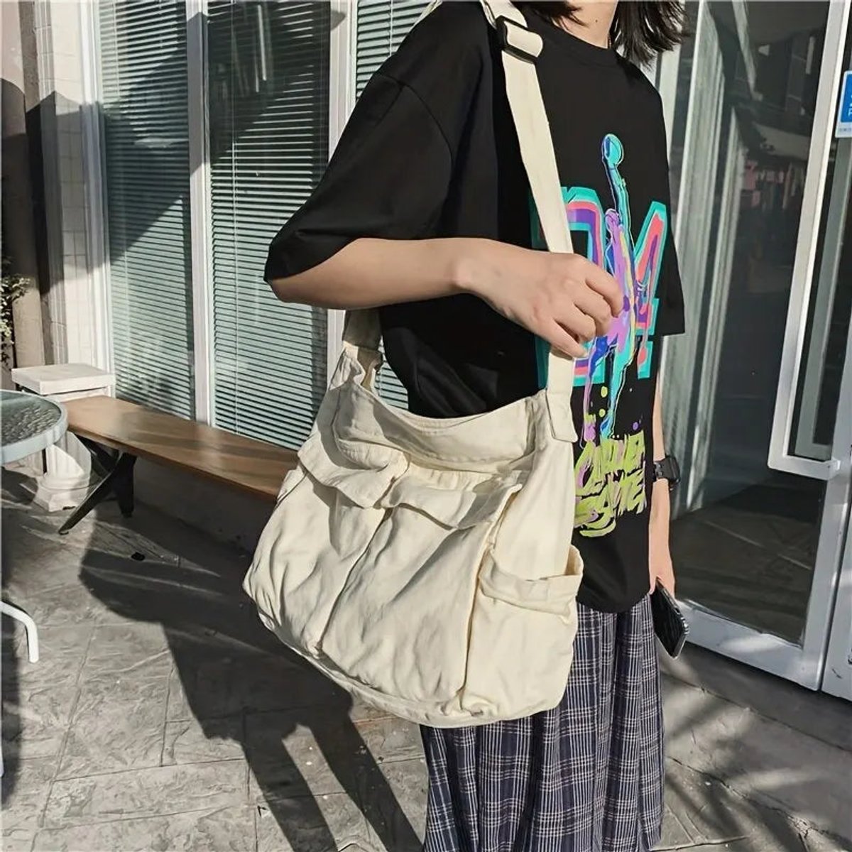 Women's Vintage Canvas Shoulder Tote Bag with Multiple Pockets