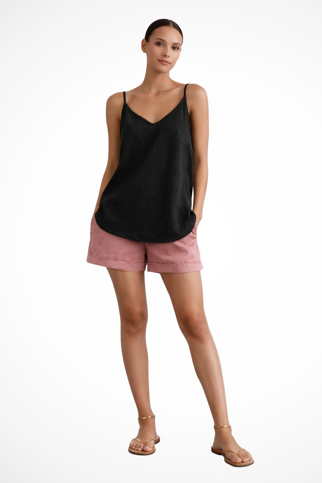 Linen Cami Top with V-Neck and Thin Straps