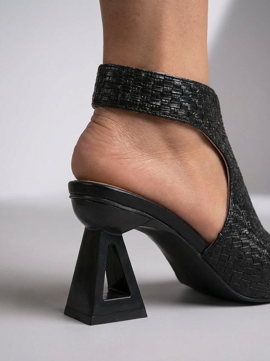 Peep-Toe Heeled Sandals with Woven Texture and Side Cutout